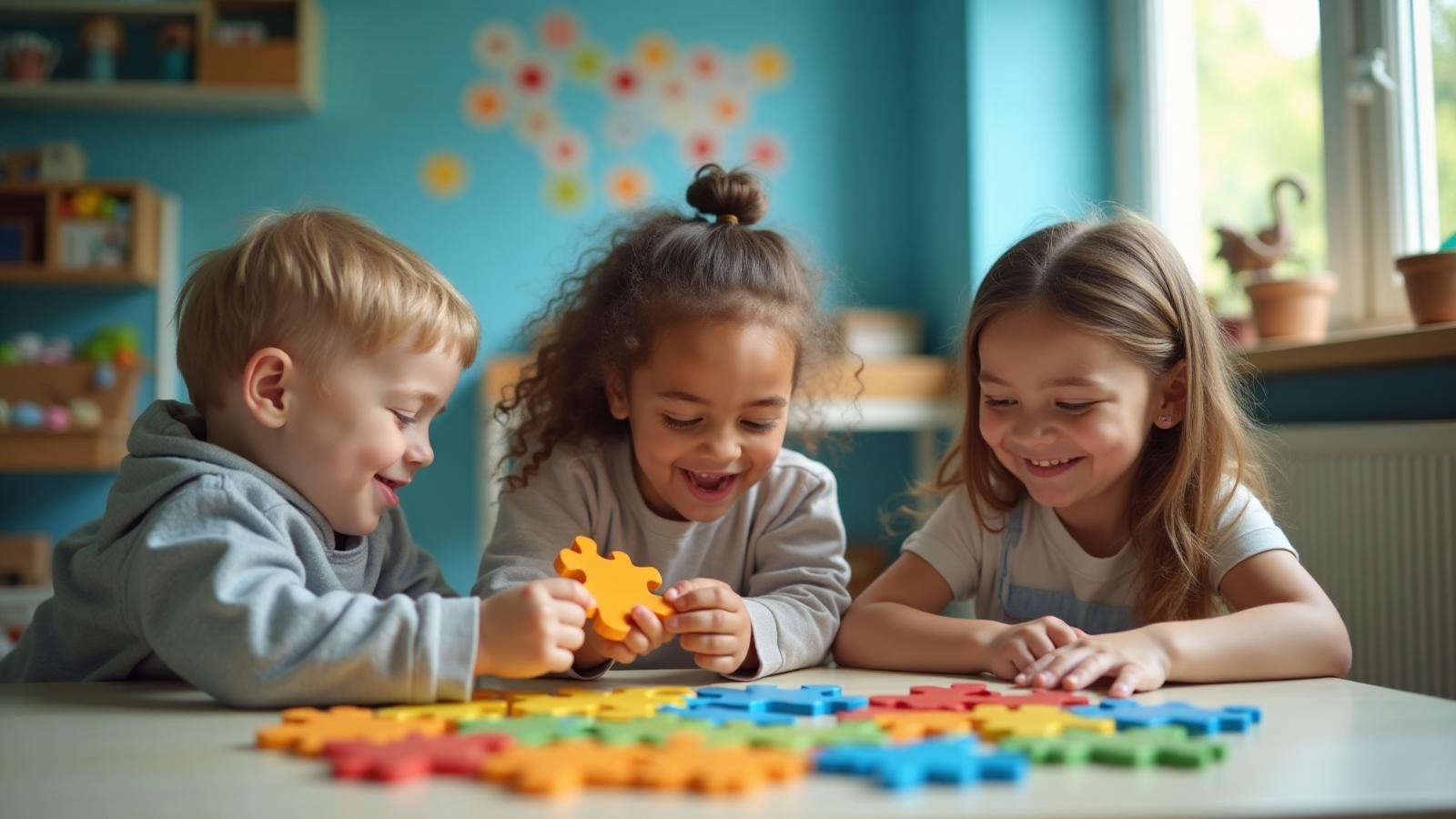Happy children playing with autism-friendly toys